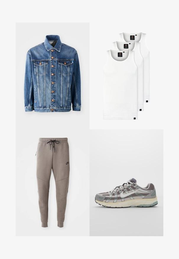 Džínová bunda ve středně modré barvě s klasickým střihem. Obsahuje knoflíky v měděném tónu, dvě náprsní kapsy a límečkový výstřih.; Tři bílé žebrované tílka vyrobené z bavlny. Mají kulatý výstřih a malé černé štítky poblíž lemu. Dostupné v několika velikostech.; Šedé Nike tepláky s elastickým pasem na šňůrku, zúženými nohavicemi, bočními kapsami a charakteristickým švem. Měkká, strukturovaná tkanina.; Šedá sportovní obuv s vrchní částí z mikrovlákna a semiše, bílými akcenty, polstrovanou podrážkou a jedinečným designem s reflexními prvky.