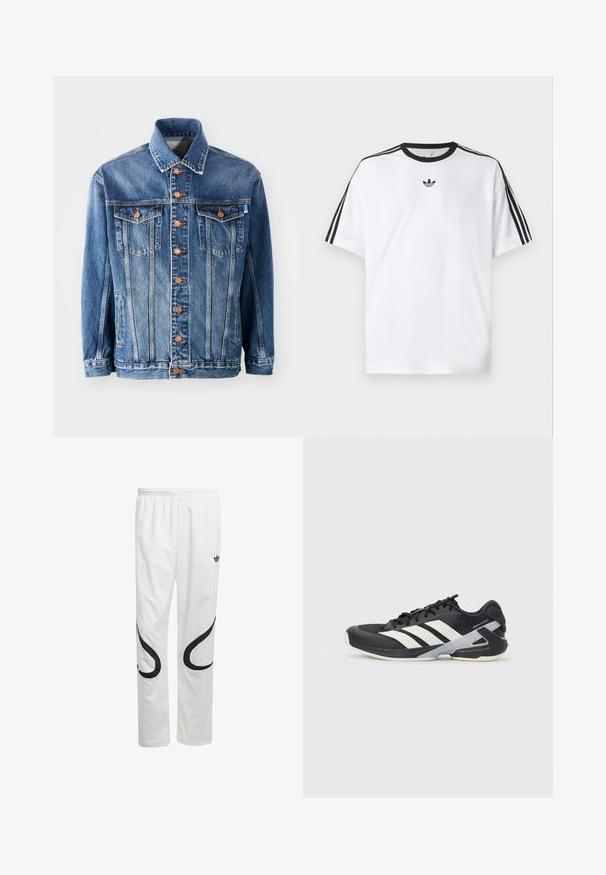 Jaqueta de ganga em azul médio com um corte clássico. Apresenta botões em tom de cobre, dois bolsos no peito e um colarinho.; Camiseta branca em algodão, com gola redonda preta e três riscas pretas em cada ombro. Pequeno logótipo preto no peito.; Calças desportivas brancas com uma textura suave, apresentando desenhos curvos pretos nas laterais e um logótipo preto perto da cintura.; Sapata atlética preta com riscas brancas, parte superior em malha, biqueira arredondada e sola acolchoada. Apresenta um calcanhar texturizado e um sistema de atacadores seguro.