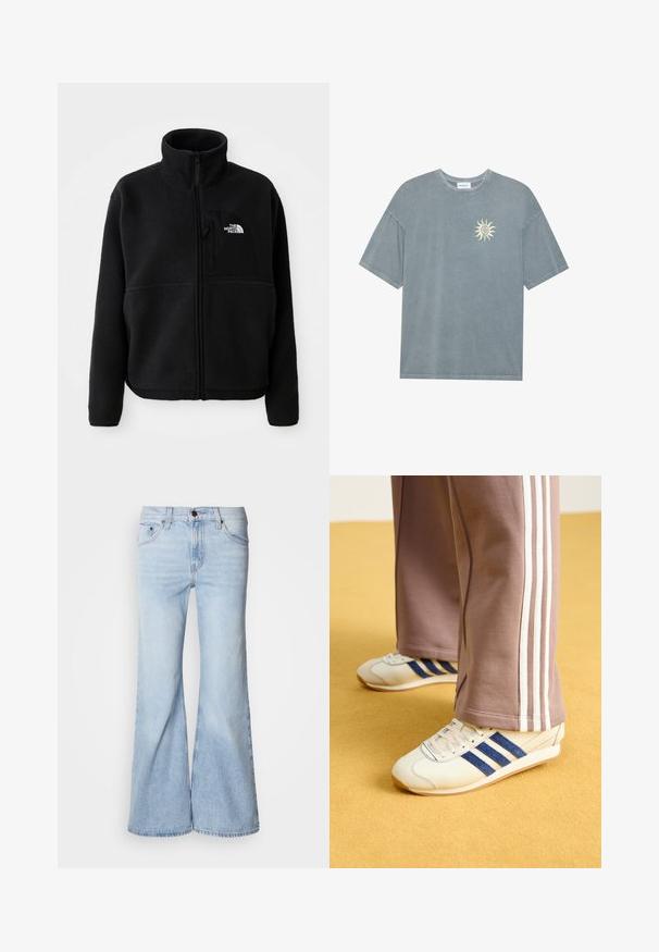 Svart fleecejakke med høy krage, full glidelås og en lomme på venstre bryst med logo. Stoffet har en myk, strukturert overflate.; Lys blå oversized t-skjorte laget av myk bomull med rund hals og et gult solgrafikk på venstre brystområde.; Lys blå vide jeans med høy midje, laget av denimstoff, fem lommer og knappelukking. Beina er vide og har en lett falmet finish.; Kremfargede sneakers med blå semsket skinnstriper, hvite snørebånd og gummisåle. Kombinert med grå joggebukser med hvite sidestriper.