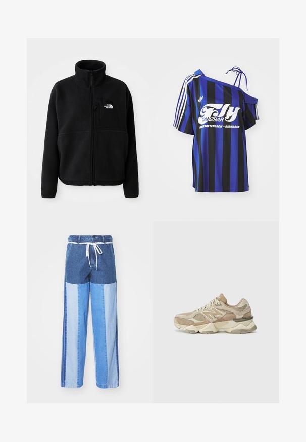 Svart fleecejakke med høy krage, full glidelås og en lomme på venstre bryst med logo. Stoffet har en myk, strukturert overflate.; Blå og svart stripete oversized skjorte med én av skulderen-design, med hvit trykt tekst og tre hvite striper på ermet.; Blå denimbukser med et lapperedesign i forskjellige nyanser av blått, snor i livet og løse, rette ben.; Beige sportssko i mesh og semsket skinn, med avrundet tå, tykk såle og merkbare reflekterende detaljer på siden.