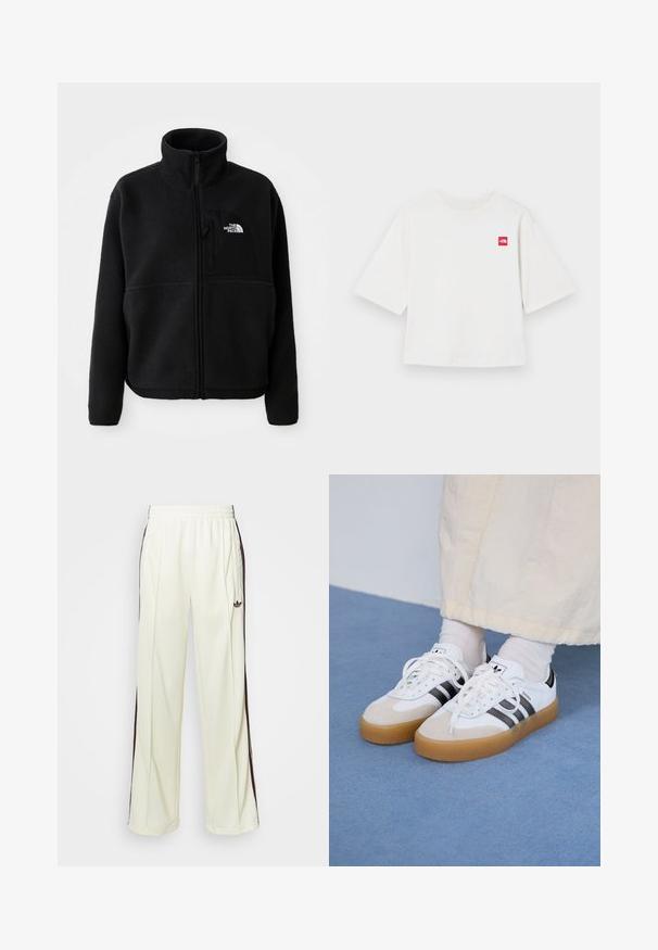 Giacca in pile nera con colletto alto, zip completa e taschino sul petto a sinistra con logo. Il tessuto ha una superficie morbida e testurizzata.; T-shirt bianco a maniche corte realizzato in cotone. Presenta un piccolo logo quadrato rosso nella zona sinistra del petto. Taglio dritto. Texture morbida.; Pantaloni sportivi color crema con vestibilità rilassata, caratterizzati da strisce laterali marrone scuro e un logo ricamato sulla coscia sinistra.; Sneakers bianche con strisce nere e accenti in suede beige. Presentano una suola in gomma texturizzata e lacci bianchi piatti, indossate con calzini di colore chiaro.
