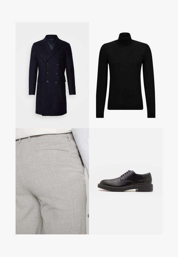 Isaac Dewhirst LONG PEA COAT - Klassisk kåpe / frakk - navy; Svart genser med høy hals laget av mykt materiale, med lange ermer og en tettsittende passform. Ribbestrikket kant nederst og ved ermene. Enkelt design.; Lysegrå skreddersydde bukser laget av teksturert stoff, med en enkelt baklomme og rene sømmer.; Svart lær snøre sko med rund tå, glatt tekstur, minimal søm, og lav gummihæl. Logo på hælen.