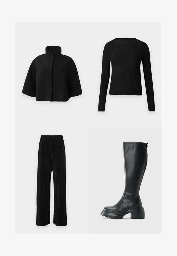 Casaco cropped preto com capa, gola alta e mangas largas até ao cotovelo, sobre um fundo branco.; Suéter preto de mangas compridas com textura canelada, justo ao corpo, com um decote redondo, exibido contra um fundo claro e liso.; Calças pregueadas pretas com uma cintura elástica. Apresentam pernas largas e um tecido liso, texturizado com riscas verticais.; Bota preta de couro alta com sola de plataforma robusta e salto bloco, apresentando puxador e padrão texturizado na sola.