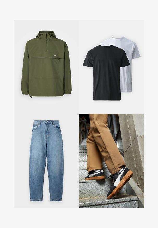 Oliivroheline anorak-jakk, mis on valmistatud pehmest ja kergest kangast. Omab pool-zip sulgemist, reguleeritavat kapuutsi ja eesmist taskut. Elastsed mansetid.; Kaks puuvillast T-särki, mis on näidatud seljaga vastakuti: üks must ja teine valge. Mõlemal on lühikesed varrukad ja ümar kaelus, ning need olevat sileda tekstuuriga.; Heledad sinise denimi püksid lõdva istuvusega, viie tasku disain ja kulunud tekstuur. Vöökoht on varustatud nupu ja tõmbelukuga.; Mustad ja hallid sametist spordijalatsid valgete aktsentidega ja kummist talladega, seljas beežide pükste peal, kui minnakse metallredelit pidi üles.