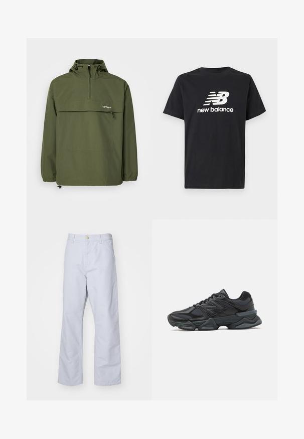 Olīvzaļš anoraks, kas izgatavots no mīkstas, vieglas auduma. Iespējas ar pus rāvējslēdzēju, regulējamu kapuci un priekšējo kabatu. Elastīgi aproces.; Melnas kokvilnas T-krekls ar balto New Balance logotipu un grafisko dizainu uz priekšpuses. Īsas piedurknes un apaļa kakla izgriezuma forma.; Gaiši zila, taisnu kāju bikses, izgatavotas no kokvilnas. Tām ir priekšējā kabata, rāvējslēdzēja aizdare un viena metāla pogas jostasvietā.; Melna skriešanas apavi ar jauktu acu audumu un sintētiskiem materiāliem, masīvu zoli, izliekta dizaina elementiem un izteiktu zīmola logotipu uz sāniem.