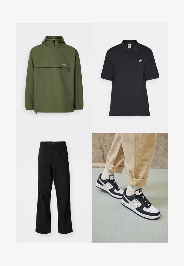 Olive zelená anorak bunda vyrobená z jemnej, ľahkej tkaniny. Obsahuje polovičný zips, nastaviteľnú kapucňu a predné vrecko. Elastické manžety.; Čierna polo košeľa vyrobená z bavlny, s dvoma gombíkmi, krátkymi rukávmi a bielym logom Nike na ľavej hrudi.; Čierne rovné džínsy s gombíkovým zapínaním, pútkami na opasok a prednými vreckami na jednoduchom bielom pozadí.; Čierno-biele tenisky Nike Air Force 1 s koženým zvrškom, perforovanou špičkou a textúrovanou podrážkou, kombinované s ohrnutými béžovými nohavicami a bielymi ponožkami.