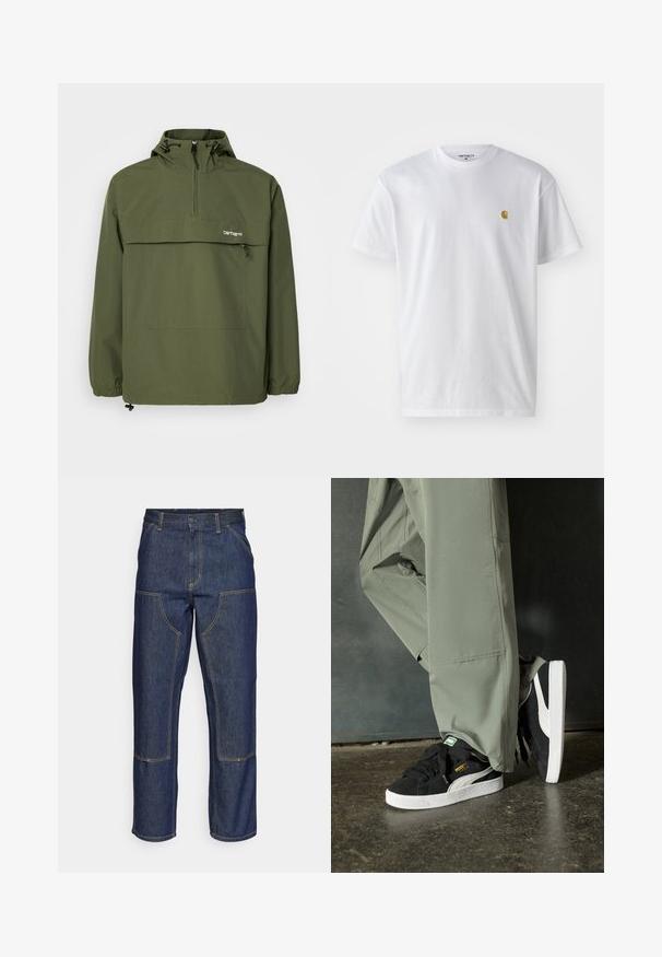 Olive green anorak jacket made of soft, lightweight fabric. Features a half-zip closure, adjustable hood, and front pocket. Elastic cuffs.; White cotton t-shirt with short sleeves, crew neck, featuring a small gold logo on the left chest area. Soft texture and regular fit.; Dark blue denim jeans with a high waist, straight leg design, contrasting stitching, and patch pockets on the front.; Black suede sneakers with white rubber soles and side stripes, paired with light green cargo pants, standing on a textured dark surface.