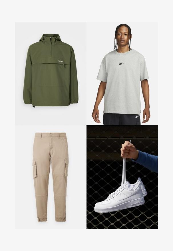 Olive green anorak jacket made of soft, lightweight fabric. Features a half-zip closure, adjustable hood, and front pocket. Elastic cuffs.; Young person with braided hair wearing a light gray Nike T-shirt and black Nike shorts against a plain white background.; Beige cargo pants in a lightweight cotton material. Features elastic cuffs, multiple side pockets, and a button closure.; White leather sneakers with perforations, round toe, flat sole, and thick laces, featuring a visible swoosh logo and "AIR" on the heel.