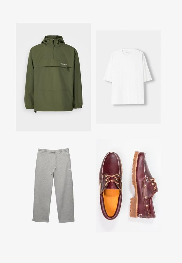 Oliwkowa anorakowa kurtka wykonana z miękkiego, lekkiego materiału. Posiada zamek błyskawiczny do połowy, regulowany kaptur oraz kieszeń z przodu. Elastyczne mankiety.; Biała koszulka z krótkim rękawem wykonana z bawełny, z okrągłym dekoltem i luźnym krojem. Gładka faktura, bez widocznych wzorów lub akcentów.; Szare dresy wykonane z miękkiego materiału, z elastycznym pasem, regulowanym sznurkiem i bocznymi kieszeniami. Posiadają małe białe logo.; Bordowe skórzane buty z brązowymi gumowymi podeszwami, okrągły czubek, białe przeszycia i złote oczka. Wnętrze posiada żółtą podszewkę.