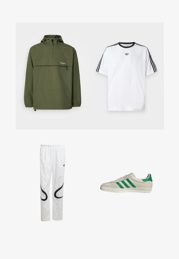 Olivgrüne Anorak-Jacke aus weichem, leichtem Stoff. Mit halbem Reißverschluss, verstellbarer Kapuze und Fronttasche. Mit elastischen Bündchen.; Weißes T-Shirt aus Baumwolle mit einem schwarzen, runden Halsausschnitt und drei schwarzen Streifen auf jeder Schulter. Kleines schwarzes Logo auf der Brust.; Weiße Sporthose mit glatter Textur, die schwarze geschwungene Designs an den Seiten und ein schwarzes Logo in der Nähe des Bundes aufweist.; Beige Sneaker mit grünen Streifen, ausgestattet mit einer weißen Sohle und einem Obermaterial aus glattem Leder. Seitenansicht, die die Schnürdetails und das Logo hervorhebt.