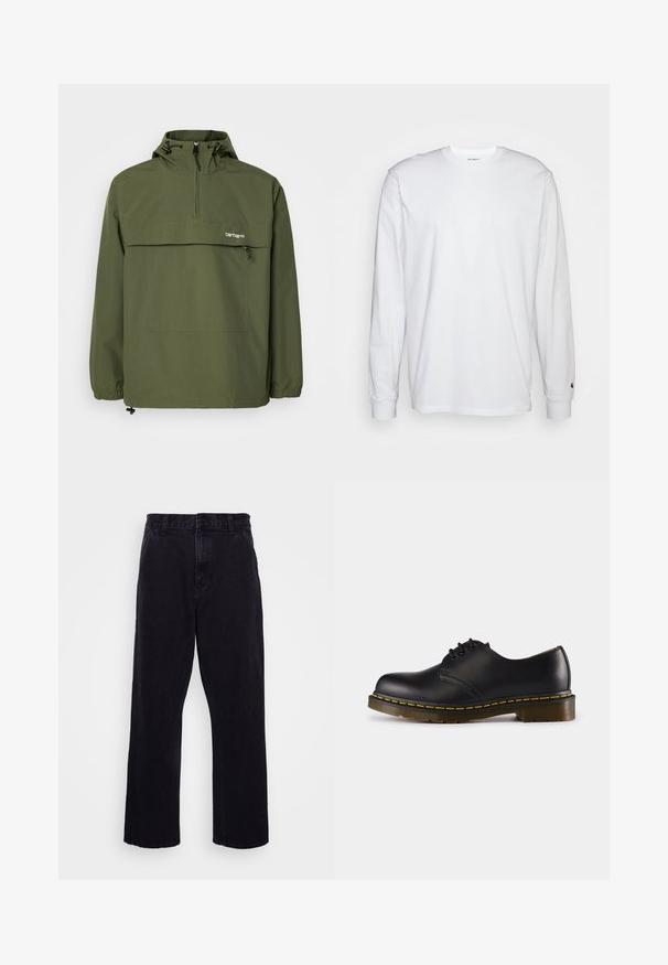 Veste anorak vert olive en tissu doux et léger. Dotée d'une fermeture à mi-zip, d'une capuche ajustable et d'une poche avant. Manches élastiques.; T-shirt blanc à manches longues en coton. Design à col rond avec des poignets côtelés et un petit logo sur la manche gauche. Texture lisse.; Pantalons en denim noir avec une coupe droite, dotés d'une fermeture à bouton et à zip, de passants de ceinture et de coutures minimales.; Chaussure en cuir noir avec un bout arrondi, design à lacets, couture jaune le long de la semelle et une semelle en caoutchouc texturée et épaisse.