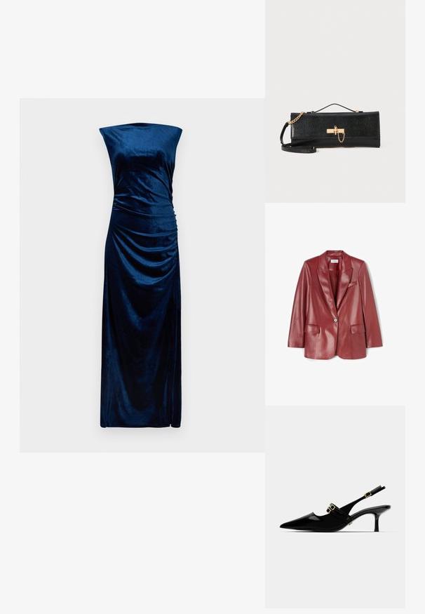 Czerwona skórzana marynarka z błyszczącym wykończeniem, z klapami w szpic, z jednorzędowym zapięciem na guzik i dwoma przednimi kieszeniami. Gładka faktura i dopasowany krój.; Sukienka bez rękawów, długa do ziemi, w kolorze granatowym, z aksamitu, o prostym dekolcie i marszczeniami po prawej stronie.; Czarne lakierowane czółenka na obcasie typu slingback z noskiem w szpic, z podwójnymi złotymi klamrami i smukłym obcasem typu stiletto.; Czarna kopertówka o fakturowanym wykończeniu, złoty łańcuszek i zapięcie na klamrę. Prostokątny kształt o eleganckim, minimalistycznym designie.