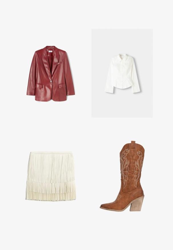 Czerwona skórzana marynarka z błyszczącym wykończeniem, z klapami w szpic, z jednorzędowym zapięciem na guzik i dwoma przednimi kieszeniami. Gładka faktura i dopasowany krój.; Biała koszula z długim rękawem, z klasycznym kołnierzykiem, o strukturalnym kroju i subtelnymi pionowymi szwami dla dodatkowego detalu.; Spódnica frędzlowa w kolorze kremowym, wykonana z warstwowych pasków materiału. Posiada dopasowany pas i teksturowany, warstwowy fason z pionowymi frędzlami.; Brązowy skórzany kowbojski but z białym haftem, szpiczasty czubek i teksturowany biały obcas. Posiada pętelkę do łatwego zakładania.