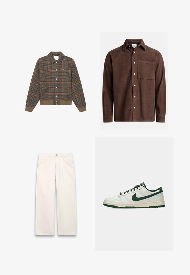 Braune Karojacke mit orangefarbenen Linien, Knopfleiste, Kragen und geripptem Saum. Mit Logo-Stickerei auf der Brust. Weicher Stoff.; Braunes Cordhemd mit Button-Down-Kragen, Brusttasche, weißen Knöpfen und langen Ärmeln mit geknöpften Manschetten. Strukturierte Stoffdetails.; Weiße, weit geschnittene Jeans aus Denim mit Knopfverschluss, fünf Taschen und dezenten Steppnähten. Sauberes, minimalistisches Design.; Weiße Low-Top-Sneaker mit dunkelgrüner Nike-Swoosh, Schnürsenkeln und Akzenten an der Sohle, im Profil auf einem schlichten weißen Hintergrund abgebildet.