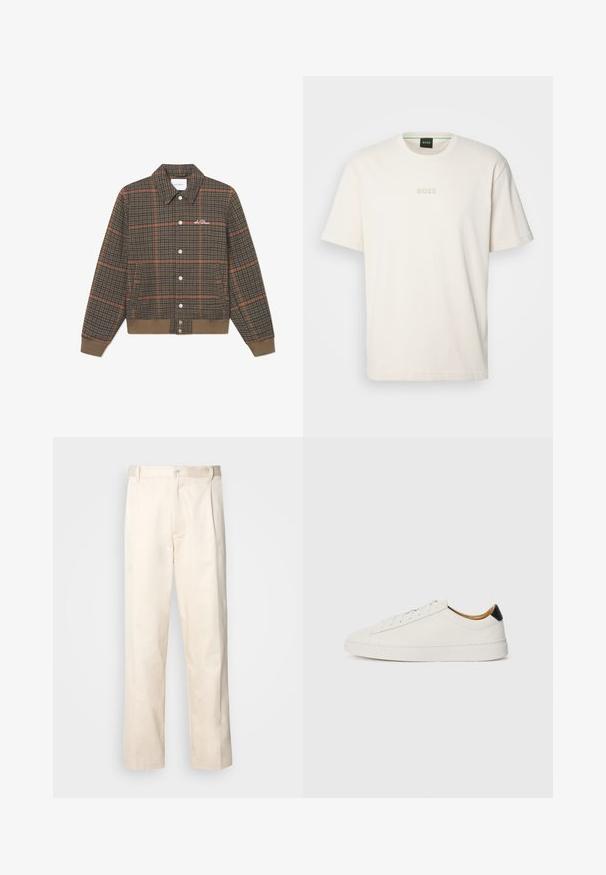 Rjav karirani suknjič z oranžnimi črtami, z gumbi spredaj, ovratnikom in rebrastim robom. Vključuje vezenje logotipa na prsih. Mehka tekstura.; BOSS TEE - Navadna majica - open white; Bež cottone hlače s ravnim krojem, ki imajo gumbasto zapiranje in nabore spredaj za dodatne detajle.; Bela tenisa s gladkim usnjem, okroglo konico in ravnim podplatom. Črn poudarek na peti, s toniranim vezalkami in minimalnim označevanjem.
