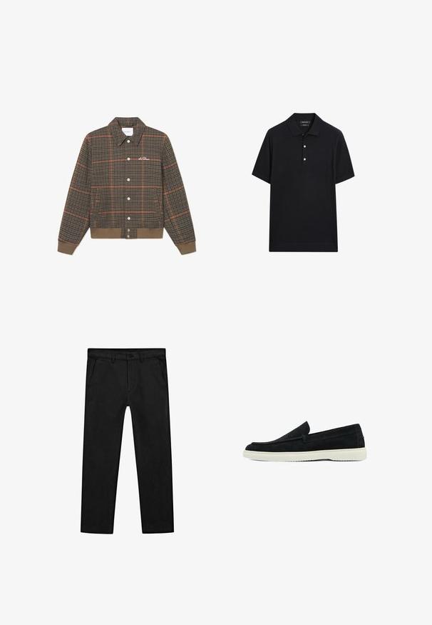 Brown plaid jacket with orange lines, button-up front, collar, and ribbed hem. Features logo embroidery on chest. Soft texture.; Massimo Dutti SHORT SLEEVE POLO COLLAR - Polo shirt - dark blue; Black cotton pants featuring a straight-leg design, front pockets, and a classic button closure with a zip fly. Smooth texture, tailored fit.; Black suede slip-on shoes with a low profile and white rubber soles. Features a rounded toe and subtle stitching details.