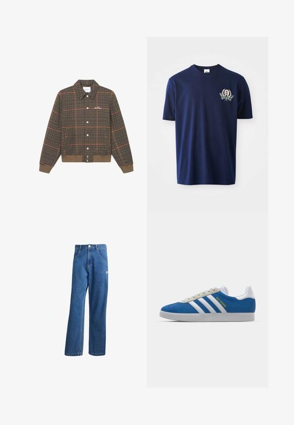 Pruun ruuduline jakk oranžide joontega, nööbiga esiosa, kaelus ja ribakujuline hem. Rinnal on logo brodering. Pehme tekstuur.; Tumesinine puuvillane t-särk lühikeste varrukatega, ümar kaelus ja tikandlogo, millel on loorberivõrsed vasakul rinnal.; Sinine kõrge vöökohaga avar jakkidega teksapükse, millel on ees taskud, vöökoharingid, nupuga sulgemine ja väike Adidas'i logo paremal reiel.; adidas Originals ADIDAS GAZELLE SHOES - Saalijalgpalli saapad - real madrid/bluebird/footwear white/crew yellow