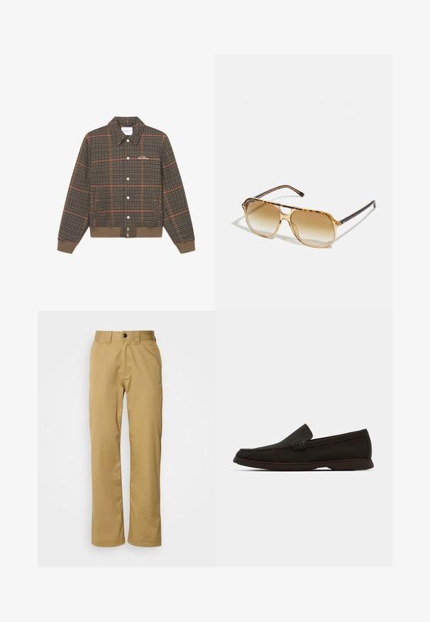 Brunternet ternet jakke med orange linjer, knaplukning fortil, krave og ribbede kanter. Udstyret med logostik på brystet. Blød tekstur.; Hvid bomulds T-shirt med rund hals, korte ærmer og en lille brystlomme med et diskret prægede logo. Enkel og minimalistisk design.; Beige bukser lavet af glat stof, med en standard pasform, to sidelommer og en enkelt knaplukning i taljen.; Mørkebrun ruskinds slip-on loafers med en stitched tå, lavprofil gummisål og strukturerede detaljer på overdelen.; Skildpaddefarvede solbriller med rektangulær ramme, brune gradientlinser og slanke sorte stænger med diskrete logodetaljer.