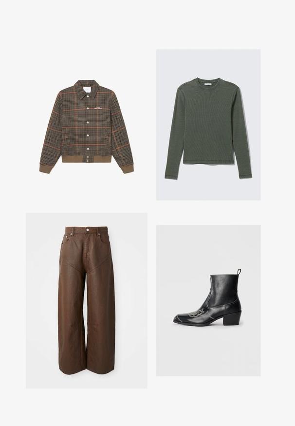 Ruskea ruudullinen takki oransseilla viivoilla, napitettava etuosa, kaulus ja ribbireuna. Takissa on logon brodeeraus rinnassa. Pehmeä kangas.; Pitkähihainen, ribbineulepusero tummanvihreänä, jossa on pyöreä pääntie ja suora helma. Valmistettu pehmeästä kankaasta, jossa on minimaalinen saumaus ja ei näkyviä kuvioita.; Valkoiset laajat ruskeat nahkahousut, joissa on viisi taskua ja napitus, esillä yksinkertaisella valkoisella taustalla.; Mustat nahkaiset nilkkurit, joissa on neliönmuotoinen kärki, koristeompeleet ja matala blokki korko. Varusteena vetonauha helppoa pukemista varten.