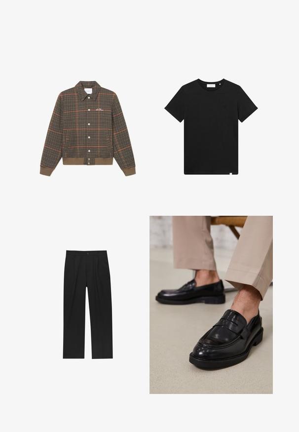 Braune Karojacke mit orangefarbenen Linien, Knopfleiste, Kragen und geripptem Saum. Mit Logo-Stickerei auf der Brust. Weicher Stoff.; Schwarzes T-Shirt mit kurzen Ärmeln aus Baumwolle, mit Rundhalsausschnitt und einem kleinen, auf der Brust gestickten Logo. Glatte Textur, normale Passform.; Schwarze Hose mit geradem Schnitt, aus einem glatten Stoff gefertigt. Verfügt über Vorderfalten und einen einzelnen Knopfverschluss an der Taille.; Schwarze Lederloafers mit glatter Oberfläche, ausgestattet mit einem dekorativen Riemen und Kontrastnähten, kombiniert mit beigen Hosen.