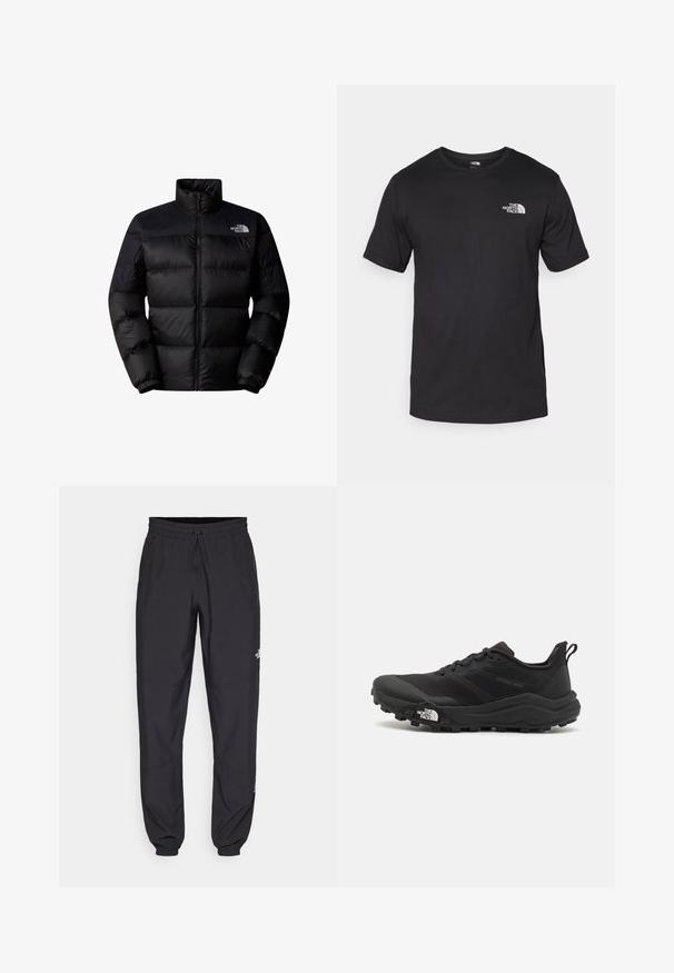 Črna napihnjena jakna z visokim ovratnikom in dolgimi rokavi. Zadrga na sprednji strani, elastični manšeti in logo na zgornjem levem kožu. Gladka tekstura.; Črna kratko sleeved majica iz bombaža, s krožnim izrezom in majhnim belim logotipom na zgornjem levem delu prsnega koša.; Črne atletske hlače iz lahkega materiala, ki imajo elastični pas z vezalko, stranske žepe in zožene manšete na gležnjih.; Črne tekaške čevlje za trail s teksturirano zgornjega dela, gumijastim podplatom in ojačanim zaključkom prstov. Vključuje oblazinjen ovratnik in zanko za enostavno obuvanje.