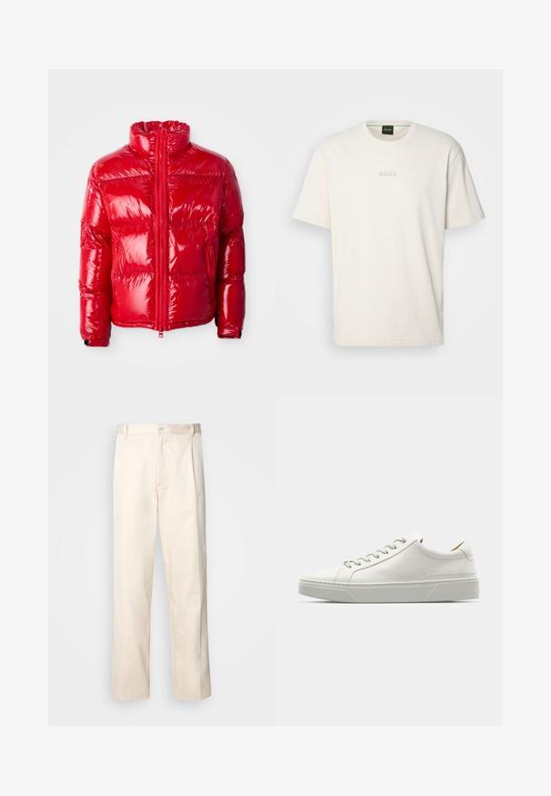 Jachetă puf red made din material lucios, matlasat. Dispune de un guler înalt, fermoar frontal și buzunare cu fermoar. Ușoară, cu un design elegant.; BOSS TEE - Tricou basic - open white; Pantaloni din bumbac bej, cu croială dreaptă, dotati cu închidere cu nasture și pliuri în față pentru un plus de detaliu.; Sneaker din piele albă cu vârful rotund, design minimalist, șireturi gri și o talpă din cauciuc texturată, gri. Detalii de cusătură subtile vizibile.