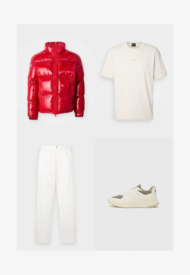 Casaco puffer vermelho feito de material brilhante e acolchoado. Apresenta um colarinho alto, fecho à frente e bolsos com zíper. Leve e com um design elegante.; BOSS TEE - T-shirt básica - open white; Calças brancas feitas de um tecido suave, com um design de perna reta, pregas frontais e um fecho de botão único na cintura.; Sapatilha atlética branca e bege claro, com parte superior em malha, detalhes perfurados e uma entressola texturizada com marcação no calcanhar.
