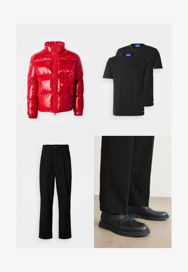 Rød pufferjakke lavet af skinnende, quiltet materiale. Har en høj krave, frontlynlås og lynlåslommer. Letvægtig med et strømlinet design.; To sorte bomulds T-shirts med rund halsudskæring, korte ærmer og blå "HUGO" mærker på kraverne og siden.; Sorte lige ben bukser med en knaplukket talje, bæltestropper og en frontfold, præsenteret mod en ensfarvet hvid baggrund.; Sorte lædersko med rund tå, flad sål og minimal udsmykning. Sammen med skræddersyede sorte bukser, der viser en glat tekstur.