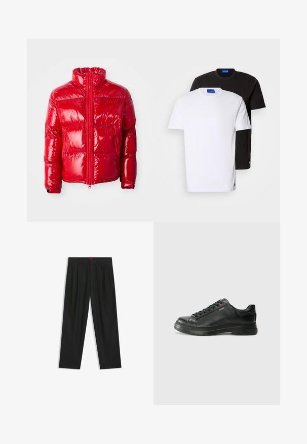 Rød pufferjakke lavet af skinnende, quiltet materiale. Har en høj krave, frontlynlås og lynlåslommer. Letvægtig med et strømlinet design.; To T-shirts stablet: en hvid og en sort. Korte ærmer, runde halsudskæringer, stof af bomuld. Har et lille blåt logo ved halsudskæringen.; Sorte bukser med plisseret design, bred benform og en glat tekstur. Har et rødt taljetag.; Sorte lædersneakers med tekstureret overdel, polstret krave og rødt logo-detajle. Har en tyk gummisål med tydeligt mønster.