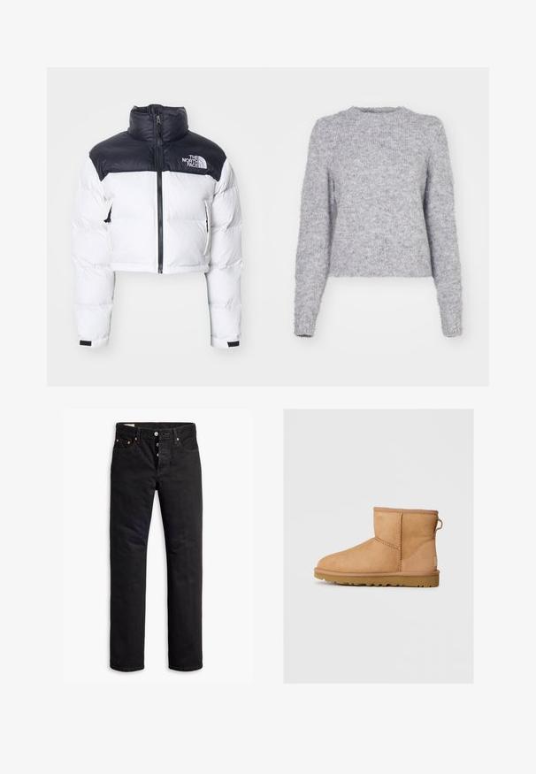 The North Face NUPTSE SHORT JACKET - Sulejope - white dune/black; Hall halli kudum särk ümmarguse kaelusega, pikkade varrukatega ja pehme, nätske tekstuuriga. Omab lühendatud hemmi ja veidi lõtvust.; Mustad musta denimist valmistatud sirge lõikega teksad, viie taskuga disain ja nööpidekorrus. Omab vaskrõngaid ja õmbluse aktsente.; Taani nahast ankle-saapad ümarate varvastega, tikandi detailide ja tagumise tõmbluku kohta, tekstuuriga kummist tallaga. Kujundatud mugavuseks ja soojuseks.