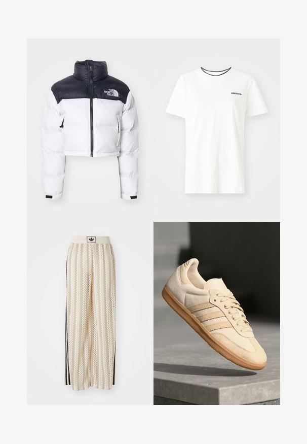 The North Face NUPTSE SHORT JACKET - Down jacket - white dune/black; White cotton t-shirt with short sleeves and a round neckline. Features a black Adidas logo on the chest and a contrasting black inner collar.; Cream-colored wide-leg pants with a zigzag pattern, featuring a black logo waistband and side black stripes. Lightweight, textured fabric.; Light beige suede sneaker with gum outsole, three diagonal stripes, and a textured toe cap. Features logo on the tongue and side.