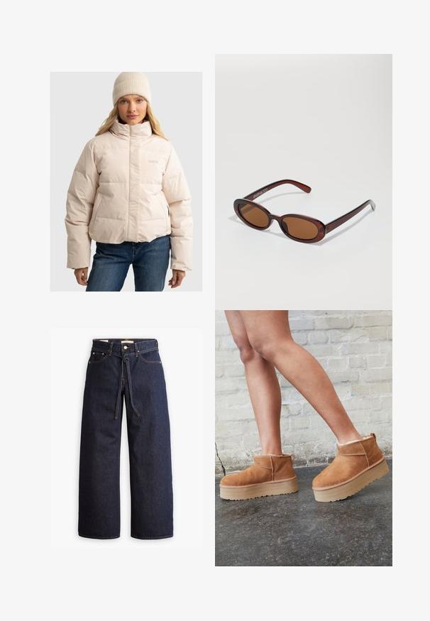 Lyserød puffjakke med høj krave, quiltet mønster og sidelommer, parret med en beige ribbet hue.; Hvid kortærmet T-shirt lavet af bomuld, med rund hals og en afslappet pasform, uden synlige mønstre eller grafik.; Bredde ben mørkeblå denim jeans med høj talje, der har snoretræk, fem lommer og kontrastsyet detaljer.; Brune ruskinds ankelsko med en blød foring, tyk beige plattformsål og en bageste løkke. Tekstureret overflade med synlige sømdetaljer.; Runde, bruntonede solbriller med en glansfuld bordeauxramme. Slanke arme med diskret brandingdetalje. Flad linsedesign.