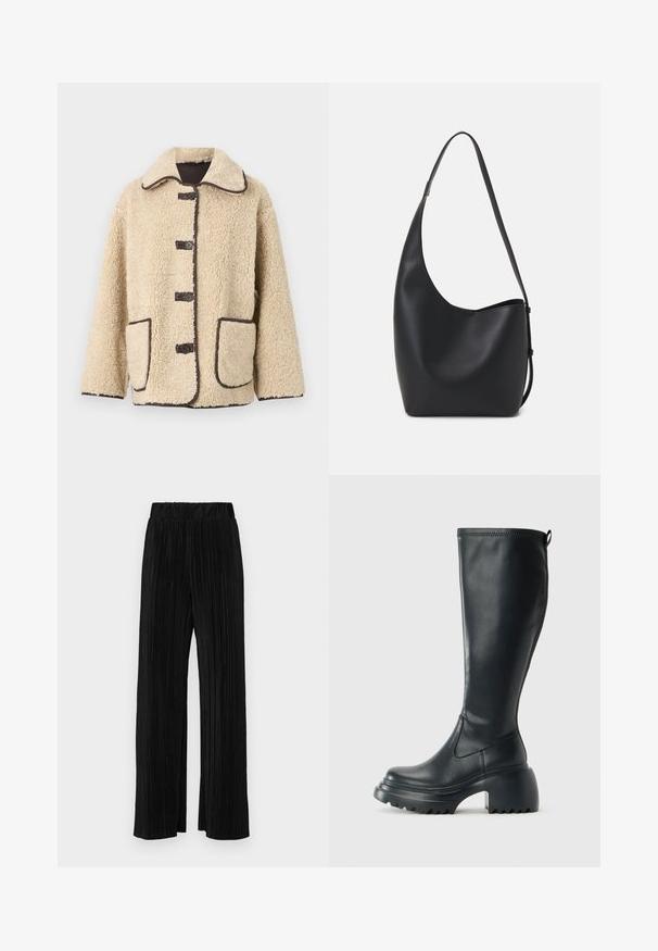 Beige fleece jacket with a collared neckline, five front buttons, and brown piping. Features two large side pockets.; Black ribbed long-sleeve fitted sweater with a round neckline, displayed against a plain light background.; Black pleated trousers with an elastic waistband. Features wide legs and a smooth, textured fabric with vertical stripes.; Tall black leather boot with chunky platform sole and block heel, featuring pull tab and textured tread on outsole.; Black leather hobo bag with a smooth texture, curved shape, and single adjustable strap; features a wide opening at the top.