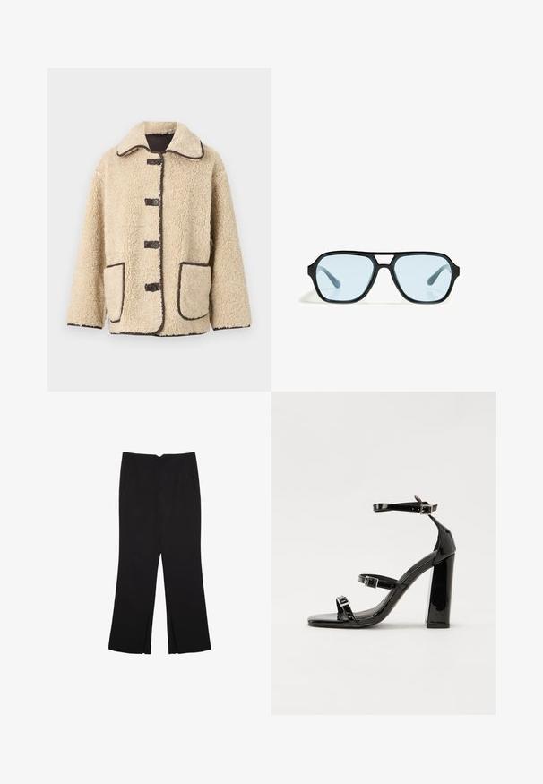 Beige fleecová bunda s límečkem, pěti předními knoflíky a hnědým lemováním. Obsahuje dvě velké boční kapsy.; Černý pletený top s širokými rukávy, kulatým výstřihem a volným střihem. Tkanina má žebrovanou texturu, bez zapínání nebo vzorů.; Černé kalhoty s rovným střihem, s předními kapsami a bočními rozparky na lemu. Vyrobené z jemné, hladké tkaniny. Vhodné na různé příležitosti.; Černé lakované sandály na vysokém podpatku se dvěma pásky se sponami, čtvercovou špičkou a robustním blokovým podpatkem, s hladkou, lesklou texturou.; Černé sluneční brýle s obdélníkovými rámy, modře zabarvenými skly a charakteristickým tvarem nosníku. Elegantní povrch, decentní textura.