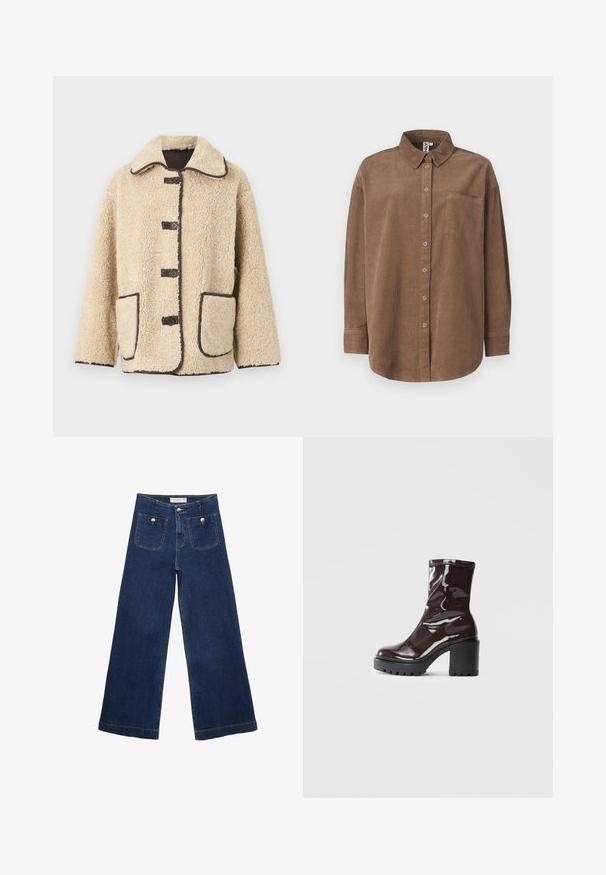 Beige fleecejakke med krave, fem knapper foran og brun piping. Har to store sidelommer.; ONLY ONLAIME MOXI LONG - Skjortebluser - fossil; Mørkeblå brede bukser lavet af denim, med to forlommer med dekorative knapper og lige afslutning.; Glatte burgunder ankelstøvler med en chunky sort hæl, der har en glat tekstur og et simpelt design. Ingen synlige lukninger eller mønstre.