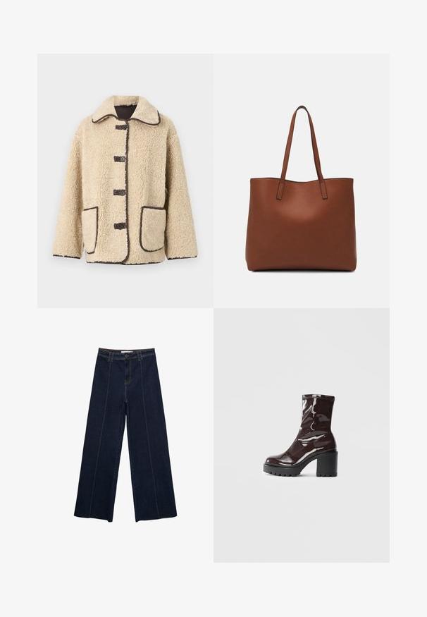 Beige fleecejakke med krave, fem knapper foran og brun piping. Har to store sidelommer.; Brun langærmet ribbet top med rund halsudskæring. Fremstillet af et glat, strækbart materiale, med en tætsiddende silhuet og minimalistiske detaljer.; Bredde ben mørke denimbukser med kontraststing, høj talje og lige pasform. Har forlommer og en klassisk knaplukning.; Glatte burgunder ankelstøvler med en chunky sort hæl, der har en glat tekstur og et simpelt design. Ingen synlige lukninger eller mønstre.; Brun læder tote taske med en glat overflade, åben topdesign og to skulderremme. Har minimal syning og ingen synlig hardware.