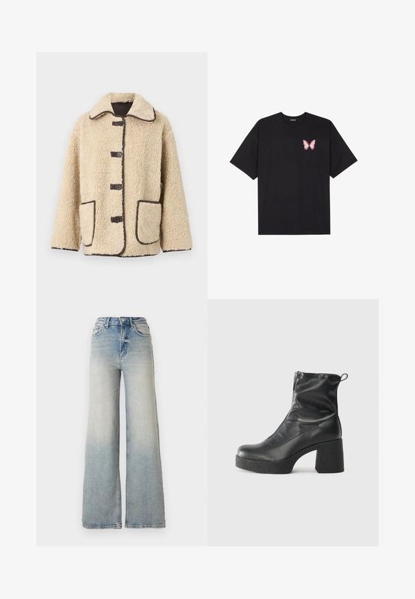 Beige fleece jacket with a collared neckline, five front buttons, and brown piping. Features two large side pockets.; Black cotton t-shirt with short sleeves, featuring a small pink butterfly graphic on the left chest. Crew neck design with a relaxed fit.; Light blue wide-leg jeans made of denim, featuring a high waist, five pockets, and visible stitching along the seams.; Black ankle boots made of smooth leather, featuring a side zipper, chunky textured heel, and rounded toe design.