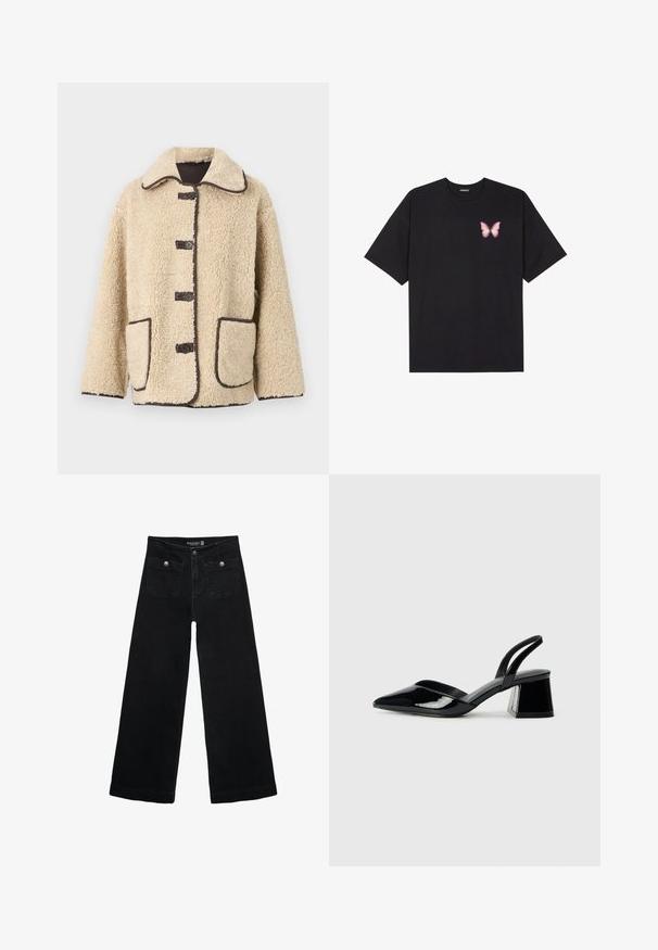 Beige fleecejakke med krave, fem knapper foran og brun piping. Har to store sidelommer.; Sort bomulds T-shirt med korte ærmer, prydet med en lille pink sommerfugl grafik på venstre bryst. Rund hals design med en afslappet pasform.; Sorte vidde jeans med høj talje, der har to forlommer og metalknapdetaljer. Stoffet har en glat tekstur.; Sorte patentlæder slingback hæle med spids tå og en geometrisk blok hæl. Har et elegant, minimalistisk design og en glat tekstur.