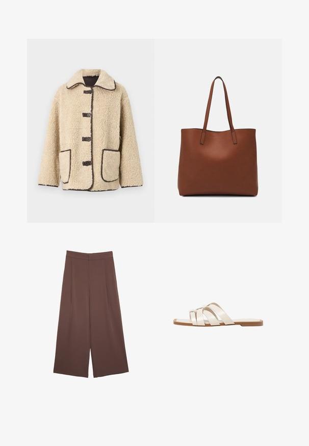 Beige fleecová bunda s límečkem, pěti předními knoflíky a hnědým lemováním. Obsahuje dvě velké boční kapsy.; Svetle béžové tričko s krátkým rukávem a kulatým výstřihem, vyrobené z jemné, hladké tkaniny. Má uvolněný střih a rovný lem.; Hnědé široké kalhoty s hladkou texturou, vysokým pasem a předními záhyby. Materiál je lehký a volně splývá.; Ploché sandály s hnědou gumovou podrážkou, navržené se třemi překrývajícími se bílými koženými řemínky a malým mašlí uprostřed.; Hnědá kožená taška přes rameno s hladkou texturou, otevřeným designem a dvěma ramenními popruhy. Obsahuje minimální švy a žádné viditelné kovové prvky.