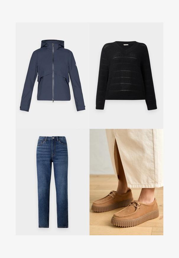 Navy waterproof jacket featuring a zip front, adjustable hood, elastic cuffs, and side pockets, with a panel design across the chest.; TOM TAILOR DENIM V NECK - Jumper - deep black; High-waisted blue denim jeans with a straight leg, featuring subtle whiskering, single-button closure, and five-pocket design.; Tan leather shoes with a textured surface, round toe, and thick, ridged soles. Laces and stitching detail enhance the design.