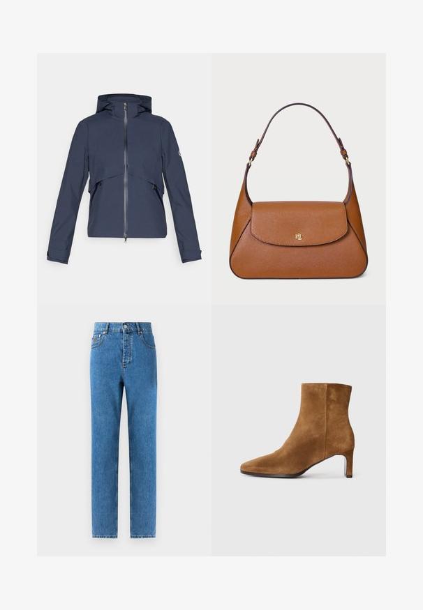 Jūrų mėlynos spalvos vandeniui atspari striukė su užtrauktuku priekyje, reguliuojama kapišonu, elastingomis rankovėmis ir šoninėmis kišenėmis, su juostos dizaino elementais per krūtinę.; Šviesiai bežinis megztinis su aukšta apykakle, pagamintas iš minkštos mezginio medžiagos, su ilgomis rankovėmis ir subtiliu prekės ženklu ant krūtinės. Ruoželiais nupjauti rankogaliai ir apačia.; Mėlynos džinsinės kelnės vidutinio atspalvio, tiesaus kirpimo, su penkiomis kišenėmis, mygtukų sagstymu ir šviesiu nublukimu audinyje, kad suteiktų subtilų tekstūros skirtumą.; Rudi oda ankletai su smailiu priekiniu galu ir plonu vidutinio aukščio kulnu, šoninis vaizdas ant vienalytės baltos fono.; Ruda odininkė rankinė su struktūrizuota dizainu, plokščiu viršumi ir viena kreipta juosta. Papuošta auksinės spalvos detalėmis su reljefiniu logotipu.