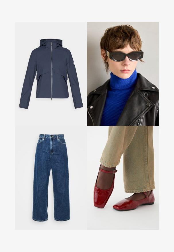 Mornarska vodootporna jakna s patentnim zatvaračem sprijeda, podesivim kapuljačom, elastičnim rukavima i bočnim džepovima, s panel dizajnom preko prsnog dijela.; Bijela bluzica s dugim rukavima, izrađena od glatke tkanine, s vezicom oko vrata i krojenim manžetama. Jednostavan, klasičan dizajn bez uzoraka.; Svijetloplave traper hlače širokog kroja s visokim strukom, vidljivim šavovima i standardnim džepovima. Imaju zatvaranje na gumb i patentni zatvarač.; Crvene lakirane cipele s kvadratnim vrhom, niskom petom i remenom oko gležnja, uparene s laganim svijetlozelenim širokim trapericama. Glatka tekstura, reflektirajuća površina.; Crne sunčane naočale s zaobljenim rubovima i zrcalnim lećama. Imaju zlatne akcentne detalje na okvirićima. Nosive su uz plavi rebrasti rolak i kožnu jaknu.