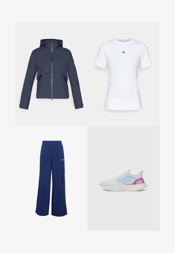Marineblå vandtæt jakke med lynlås foran, justerbar hætte, elastiske manchetter og sidelommer, samt et paneldesign på brystet.; Hvid atletisk skjorte med korte ærmer, lavet af glat, strækbart stof. Har et lille sort Adidas-logo på brystet.; Marineblå vidde sweatpants lavet af blødt stof, med elastisk taljebånd og hvidt "adidas" logo på siden.; adidas Performance PUREBOOST 5 - Løbesko til landevejen - white/glow blue/purple burst