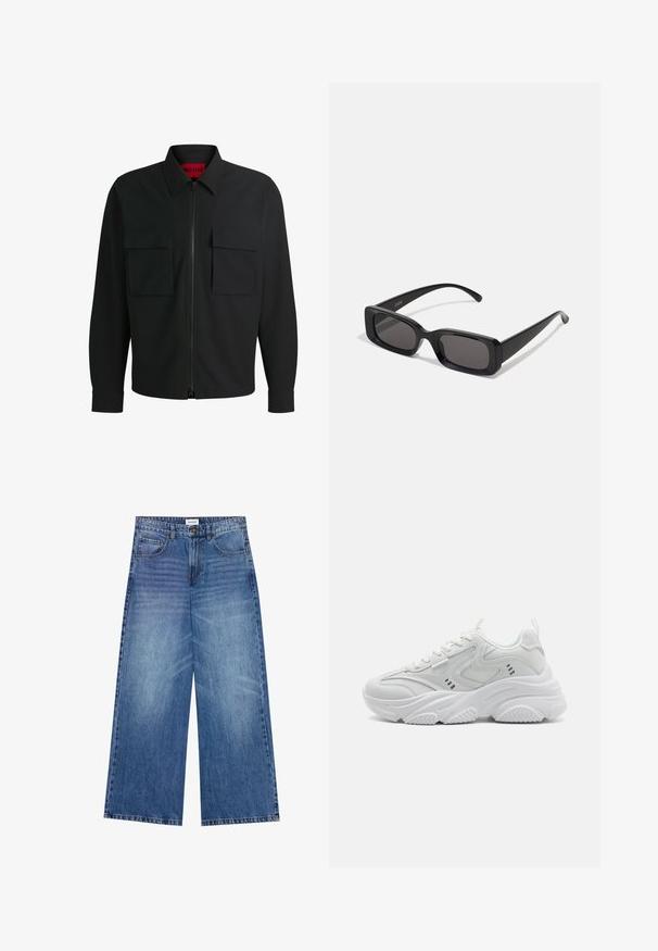 Veste noire zippée avec un col pointu, deux poches à rabat à l'avant, un tissu texturé et un subtil logo "HUGO" sur la poche.; Cardigan en tricot marron avec un col en V, des poignets et un ourlet côtelés, et cinq grands boutons sur le devant. Texture douce avec une coupe décontractée.; Chemise blanche à manches longues en tissu lisse avec un col classique et un ourlet arrondi. Présente des boutons beiges à l'avant.; Jean large en denim bleu clair, avec une fermeture à bouton, quatre poches et une texture légèrement décolorée sur le tissu.; Baskets blanches de sport avec une tige texturée, une languette rembourrée et une semelle épaisse. Les caractéristiques de design incluent des lignes courbes et de petits accents sur les côtés.; Lunettes de soleil noires rectangulaires avec des verres foncés, finition brillante, larges branches et un design de monture épaisse. Nom de marque gravé sur une branche.