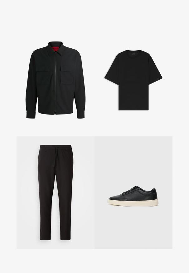 Zwarte zip-up jas met een puntige kraag, twee voorste klepzakken, gestructureerde stof en subtiele "HUGO" branding op de zak.; Zwarte T-shirt met korte mouwen en ronde hals, met een relaxte pasvorm en een klein "BOSS"label aan de binnenkant van de kraag.; Zwarte joggingsbroek van gladde stof. Kenmerkt zich door een elastische tailleband met een trekkoord, taps toelopende benen en geen zichtbare zakken. Eenvoudig ontwerp.; Zwarte leren sneaker met lage schacht, zwarte veters en off-white zool, weergegeven in zijprofiel op een witte achtergrond.