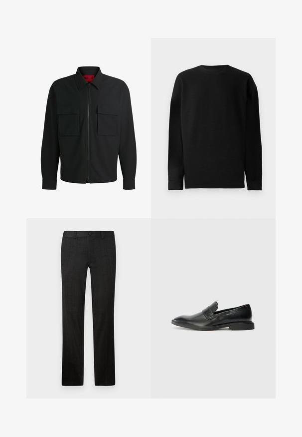 Black zip-up jacket with a pointed collar, two front flap pockets, textured fabric, and subtle "HUGO" branding on the pocket.; Black long-sleeve sweater made of ribbed material. Features a crew neckline and straight-cut hem with fitted cuffs. Simple and solid color design.; Black tailored trousers made of textured fabric, featuring a straight leg design, front zipper, and button closure.; Black leather loafers with a smooth texture, pointed toe, and a low rectangular heel. Features horizontal strap detail across the upper.