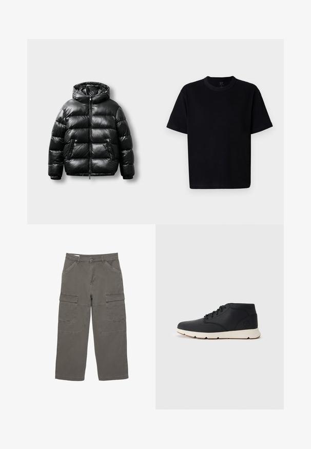 Fekete puffdzseki fényes külsővel, kapucnival, cipzáras záródással és két oldalsó zsebbel. Steppelt minta és rugalmas mandzsetták jellemzik.; Fekete pamut póló, kerek nyakkivágással, rövid ujjakkal és egyenes szabással. Minimalista varrással és puha, sima textúrával rendelkezik.; Horizontálisan szürke, pamut anyagból készült cargo nadrág, két oldalzsebbel és két nagy elülső cargo zsebbel, egyenes lábszárral.; Fekete bőr chukka csizmák fehér gumitalppal, kerek fűzőkkel és oldalon lévő logóval, amely a sarokba van belefémjelezve. Egységes sima textúra.