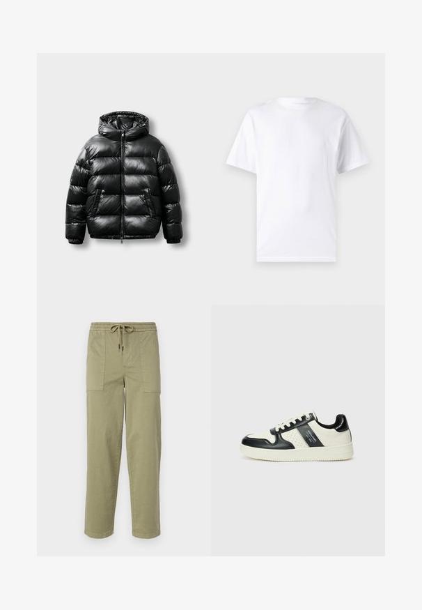 Crna puffer jakna s sjajnom vanjštinom, kapuljačom, zatvaranjem na zip i dva bočna džepa. Ima ušiveni uzorak i elastične manžetne.; Bijela kratka majica s kratkim rukavima od pamuka s okruglim izrezom, s glatkom teksturom i jednostavnim dizajnom bez uzoraka ili naglasaka.; Svijetlo maslinasto zelene hlače od mješavine pamuka, sa elastičnom strukom i vezicom, te dva velika bočna džepa.; Kožne tenisice s crno-bijelom paletom boja, koje imaju perforirane akcentne detalje, podstavljeni ovratnik i teksturiranu potplat.