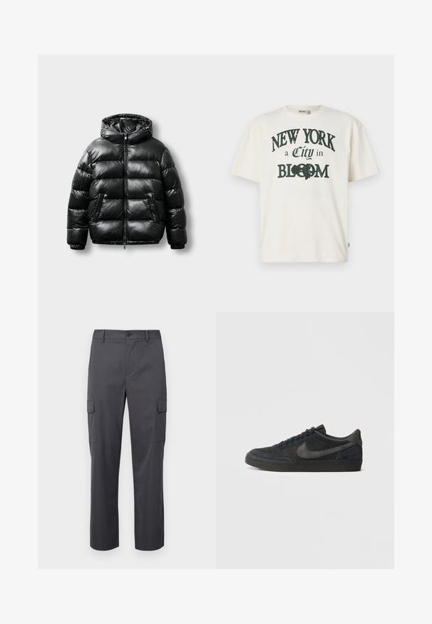 Crna puffer jakna s sjajnom vanjštinom, kapuljačom, zatvaranjem na zip i dva bočna džepa. Ima ušiveni uzorak i elastične manžetne.; Majica od pamučne tkanine u boji krem, s kratkim rukavima, s tiskanim dizajnom koji kaže "NEW YORK, grad u CVATU" u tamnozelenoj boji.; Pantalone od ugljensko sive boje, izrađeni od glatkog materijala, sa ravnim krojem, dva bočna džepa i zatvaranjem na dugme u struku.; Crne antilop tenisice s niskim profilom, gumeni potplat, teksturirani bočni paneli i tonirana Nike swoosh oznaka. Upitne na prednjem dijelu, podstavljen ovratnik.