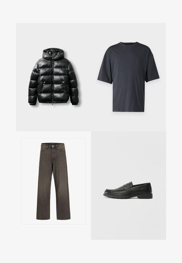 Black puffer jacket with a shiny exterior, hood, zip closure, and two side pockets. Features quilted pattern and elastic cuffs.; Dark gray short-sleeve t-shirt made of lightweight cotton, featuring a loose fit and classic crew neckline, with plain texture and no patterns.; Wide-leg jeans in dark grey denim, featuring a high waist, classic five-pocket design, and contrasting stitching along the seams.; Black leather loafers with a smooth finish, moccasin-style upper, stitched detailing, and a rubber sole. Classic design with a low heel.